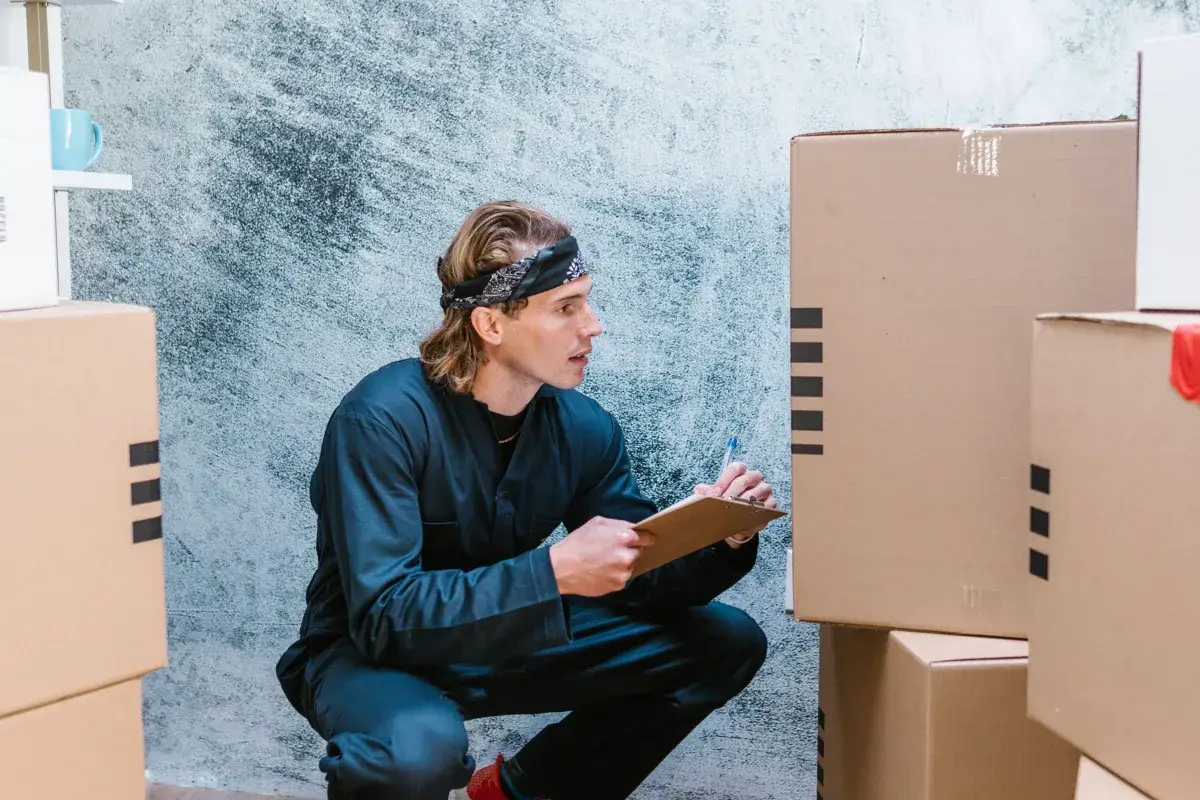 A courier checking a delivery against a clipboard beside boxes
